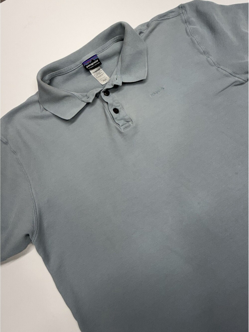 Patagonia Shirt Mens Large Blue Polo Short Sleeve Organic Cotton Logo *Flaw